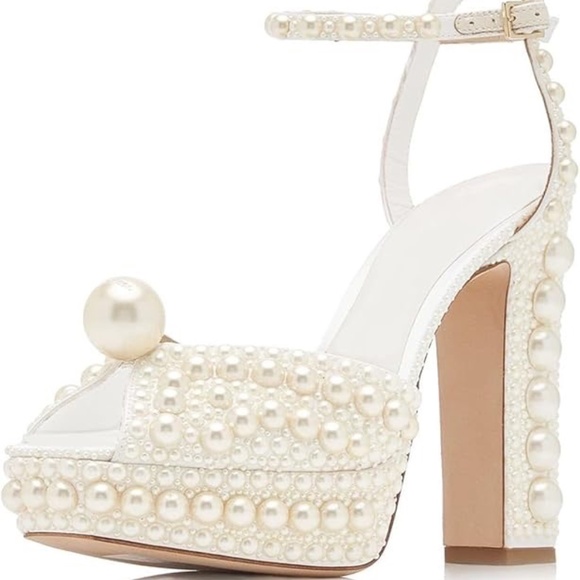 Goolita White Pearl Embellished Open Toe Heels - Picture 1 of 17